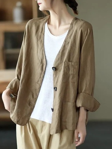 Chinoise Women's Literary Three-Button Elegant Suit Jacket Outerwear Slimming Solid Color Versatile Cotton Linen Cardigan Top