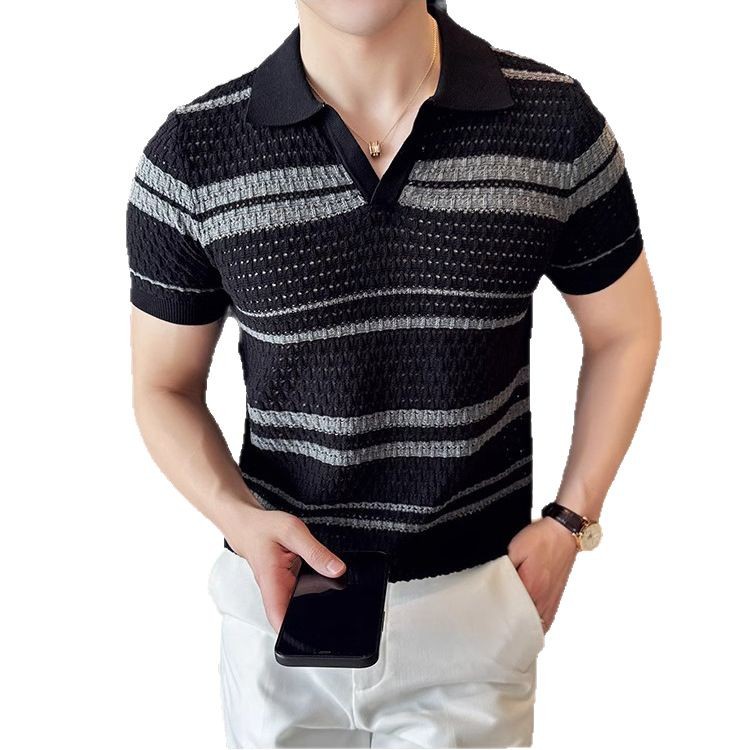 Verano nuevo estilo suéter de manga corta camisa POLO a rayas huecas para hombre camiseta de seda de hielo de negocios con cuello en V comercio exterior al por mayor transfronterizo