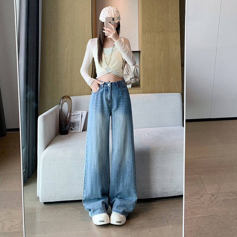 American-style bamboo-patterned women's jeans, new for fall 2026, straight loose fit, slimming, versatile wide-leg pants for petite figures