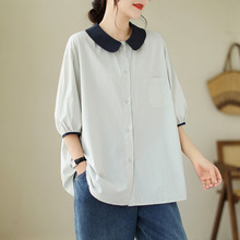 纯棉衬衫女2024夏季大码娃娃领休闲百搭宽松显瘦韩版短袖衬衣女
