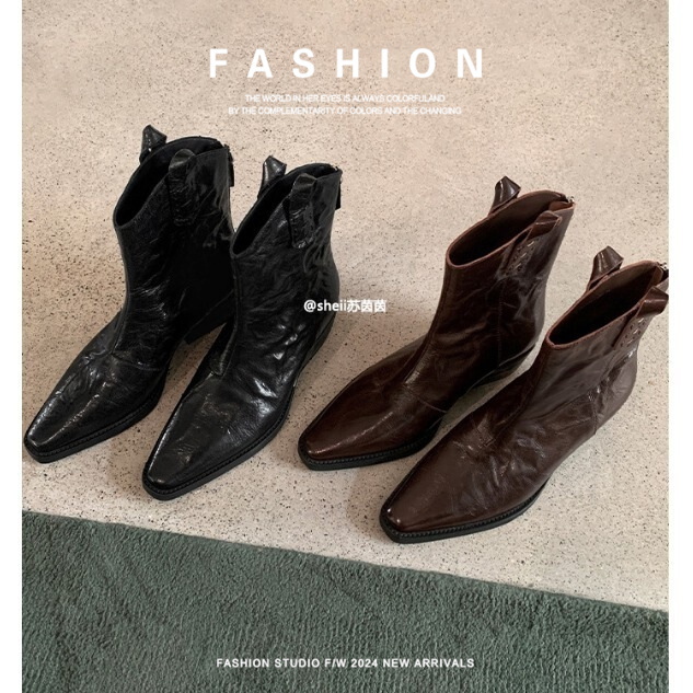 牛皮真皮亚裔复古尖头褶皱西部靴女短靴软底鞋口粗同款牛仔跟辣妹