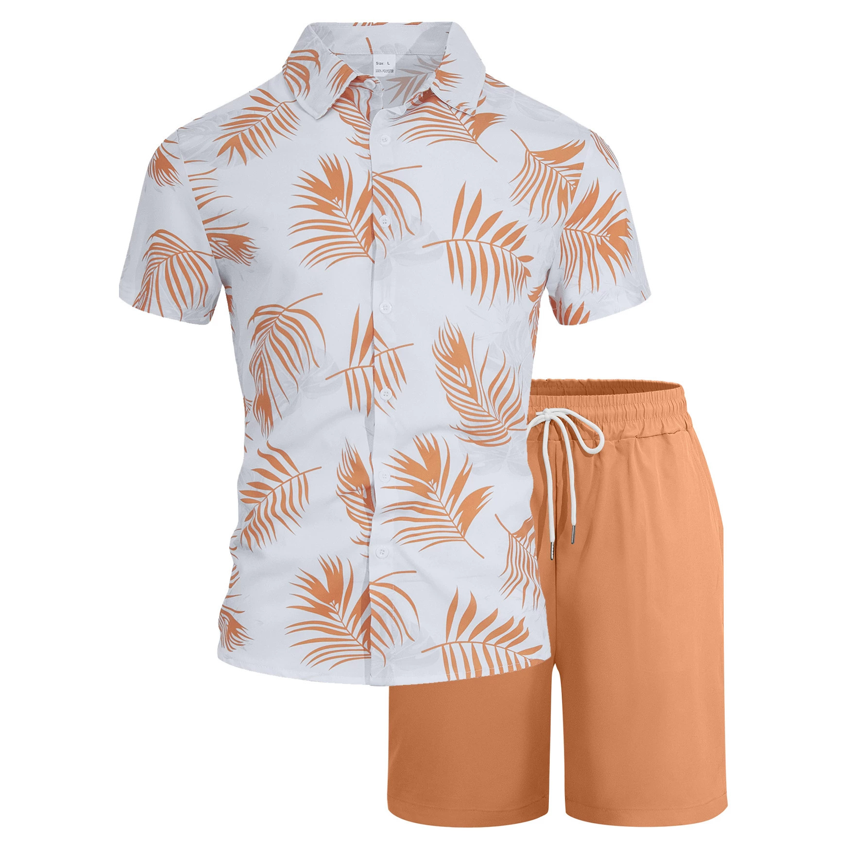 Transfronterizo amazónico hombre con solapa tropical hoja impresa camiseta pantalones cortos set de playa de vacaciones casuales set de dos piezas