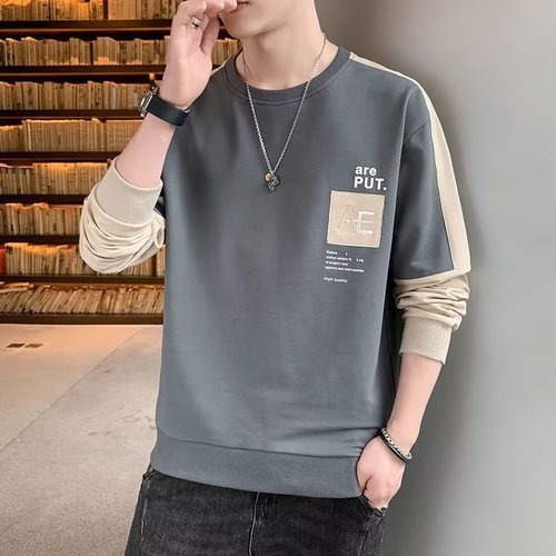 Men's Long-Sleeve T-Shirt, Factory Supply, Spring/Autumn Korean-Style Trendy Crewneck Base Layer Top, Loose-Fit Men's Sweater