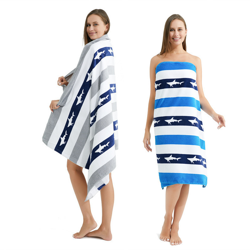 Pure Cotton Beach Towel with Active Printing, Cut Velvet Terry Bath Towel for Seaside Bathing and Swimming, All-Cotton Shark Pattern