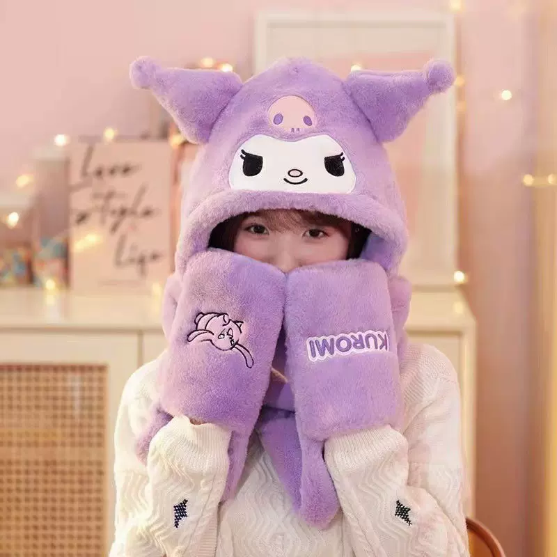 儿童帽子围巾一体冬季保暖男童女童毛绒K洛米护耳帽手套2024新款