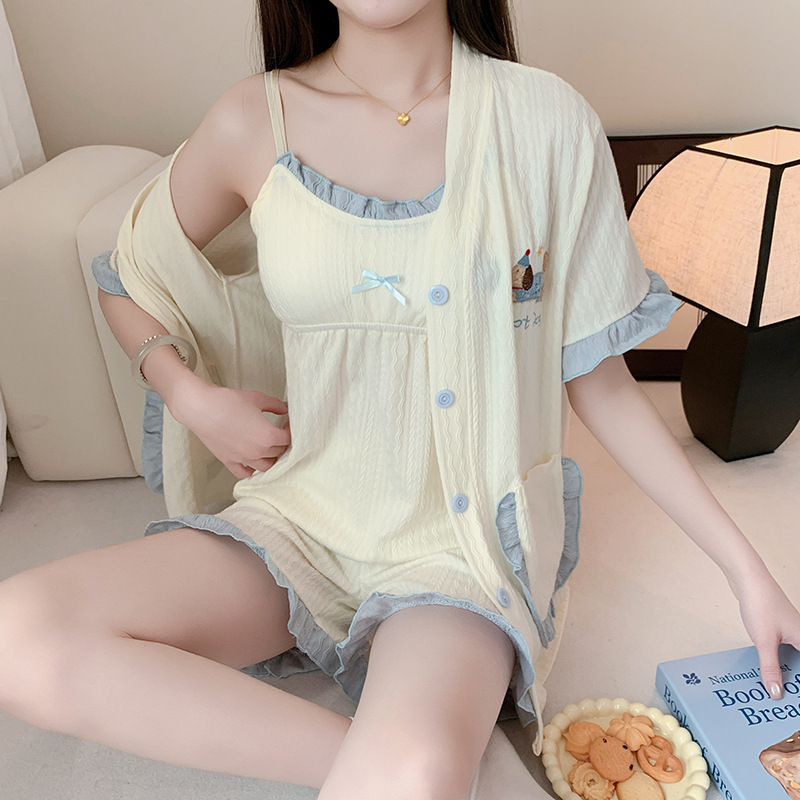 腊肠狗吊带三件套睡衣女款夏季带胸垫纯棉甜美短袖短裤家居服女士|undefined