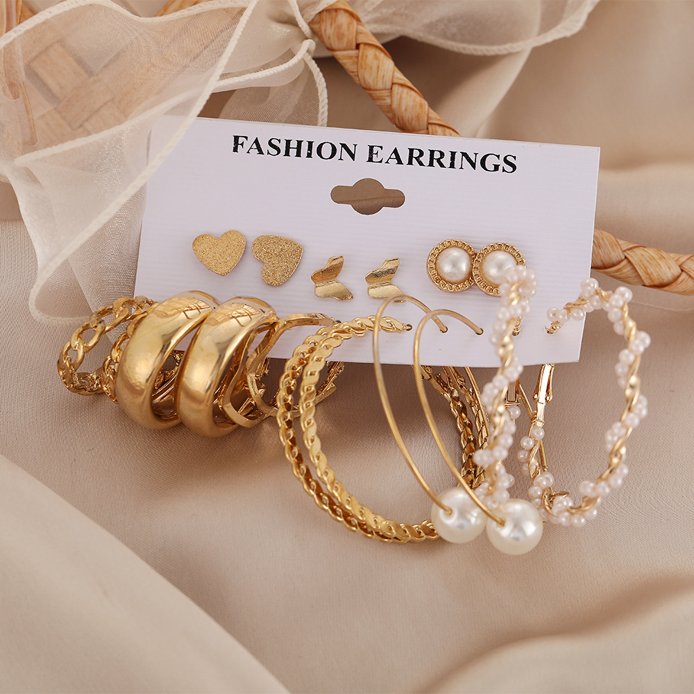 Creative Simple Pearl Butterfly Chain Hoop Earring 9 Piece Set Wholesale Nihaojewelry display picture 7