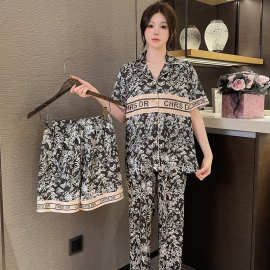 2024夏季女款短裤+长裤睡衣女 人字斜三件套 时尚家居服套装