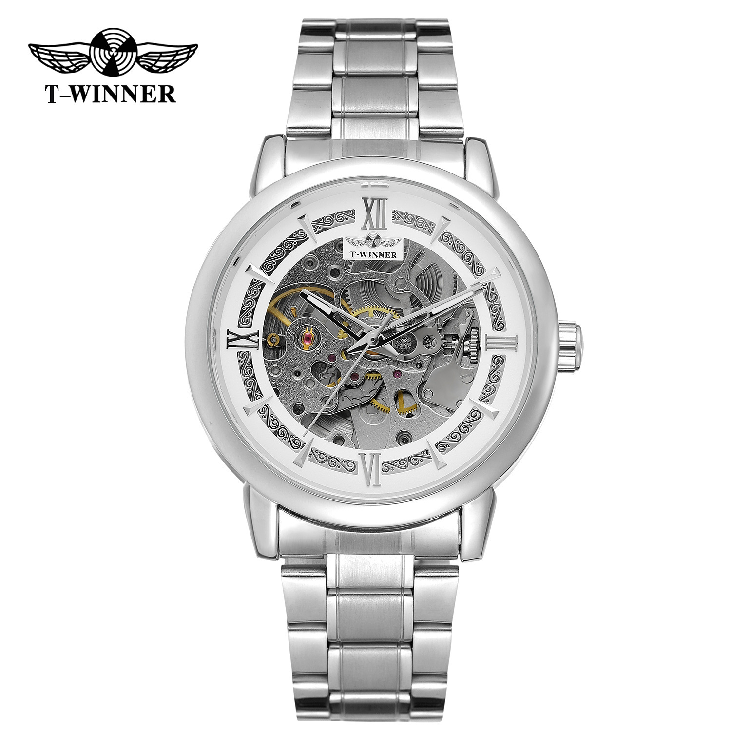 T-ganador nuevo estilo europeo y americano de moda de los hombres reloj mecánico automático reloj hueco-fuera transparente Fondo tallado literal