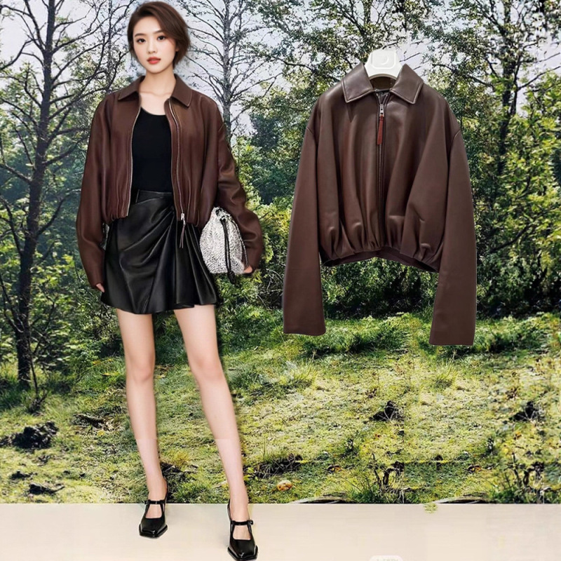 In-Stock Yang Mi Style Cross-Border Brown Pu Leather Jacket for Women, Short American Retro Lapel Biker Jacket Top