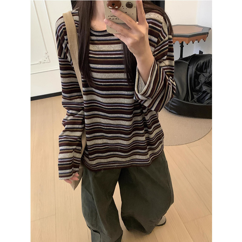 Retro Lazy Colorful Stripesd Round Neck Contrasting Color Knitted Long-Sleeved T-Shirt for Women 2026 Spring & Fall New Loose Casual Top Retro Lazy Colorful Stripesd Round Neck Contrasting Color Knitted Long-Sleeved T-Shirt for Women 2026 Spring & Fall New Loose Casual Top