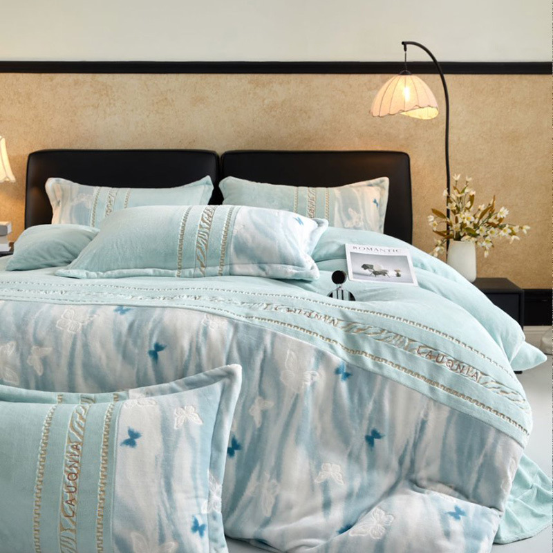Fresh and Simple Butterfly Warm Milk Velvet Bedding Four-Piece Set for Winter, Thickened Coral Velvet Embroidered Bed Sheet and Duvet Cover