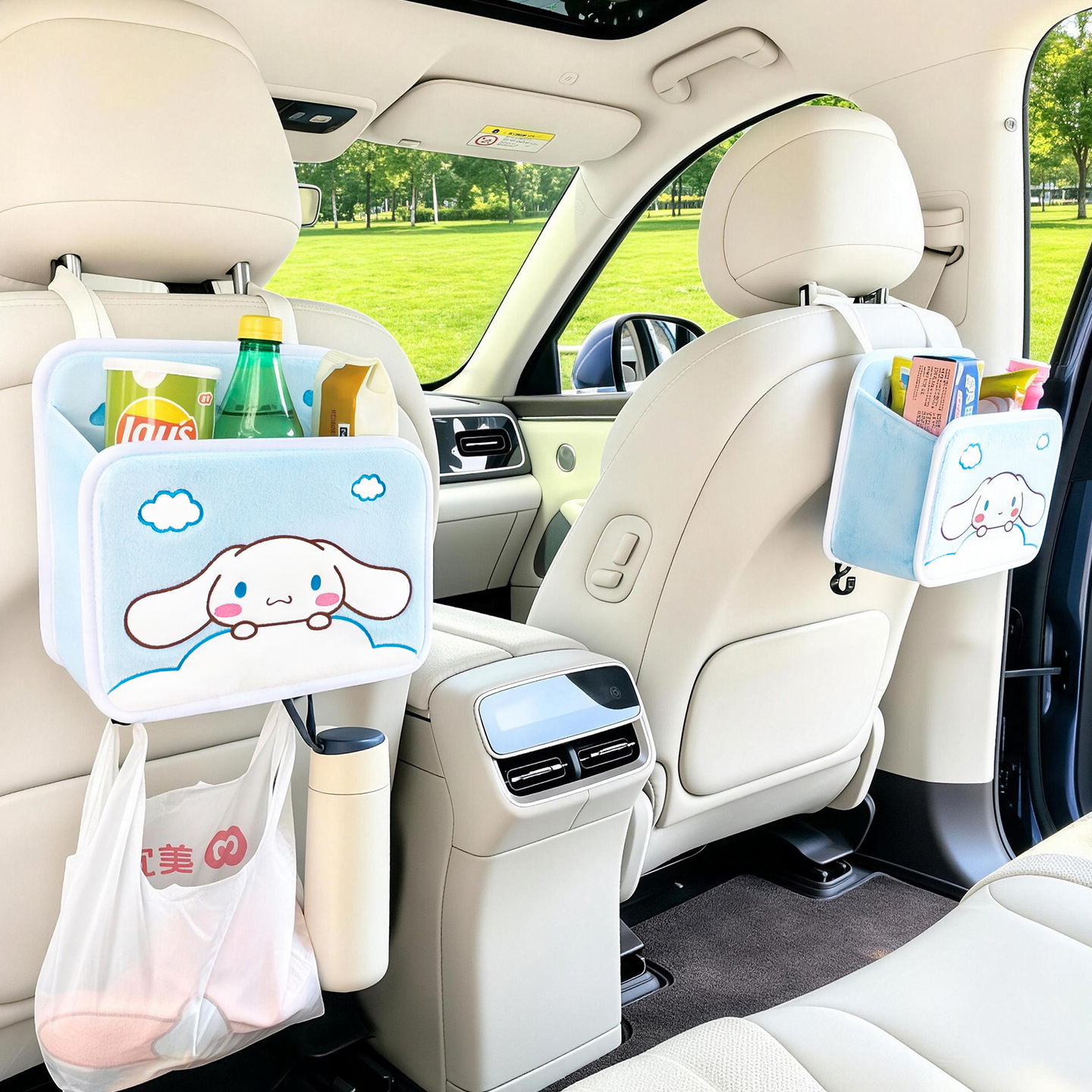Cartoon car seat back storage bag, multifunctional car storage box with hooks, cute pet design, women's trash bag