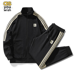 Men's Autumn/Winter Sports Set with Collared Open Vest Top and Sweatpants, Two-Piece Set with Three Stripes, Running Apparel Set