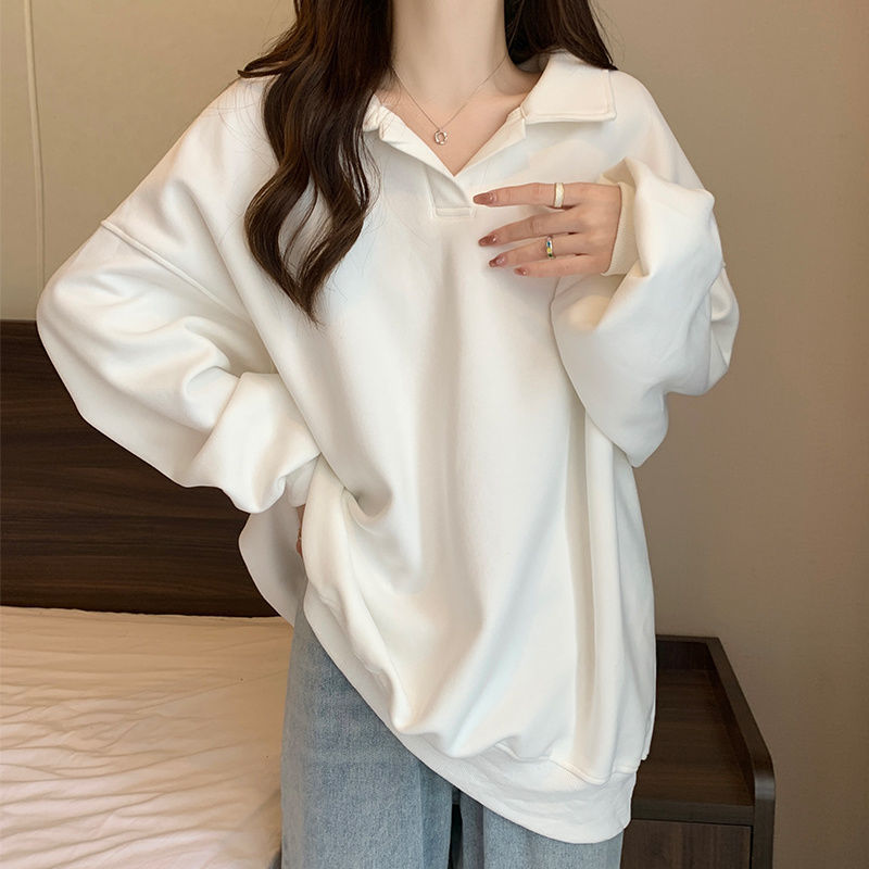 大码女士美式宽松长袖翻领卫衣女秋冬胖mm300斤oversize显瘦上衣|undefined