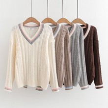 学院风V领毛衣女 宽松显瘦拼色麻花内搭针织衫甜美软糯打底衫毛衣