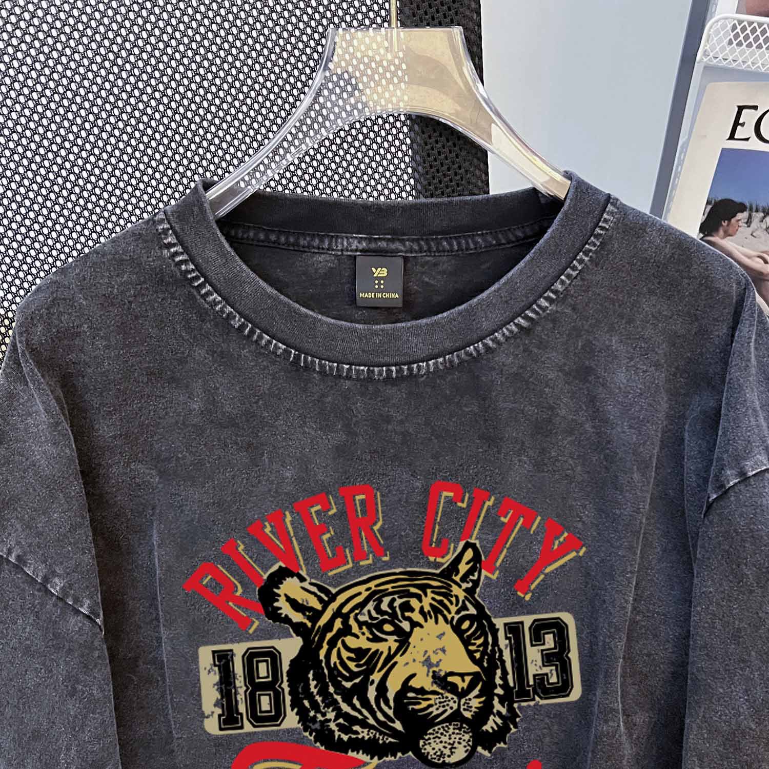 Brand Washed Distressed Loose O neck Short Sweater Niche Washed Vintage Pure Cotton Long T Shirt Trendy