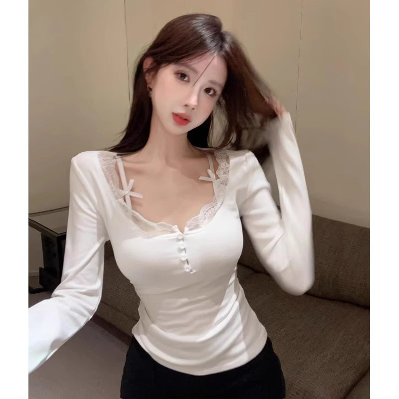 Spice Girls Pure Desire Lace Long-sleeved T-shirt Women's Early Autumn Design Sense Niche Sexy Slim-fit Inner Base Shirt Top Spice Girls Pure Desire Lace Long-sleeved T-shirt Women's Early Autumn Design Sense Niche Sexy Slim-fit Inner Base Shirt Top