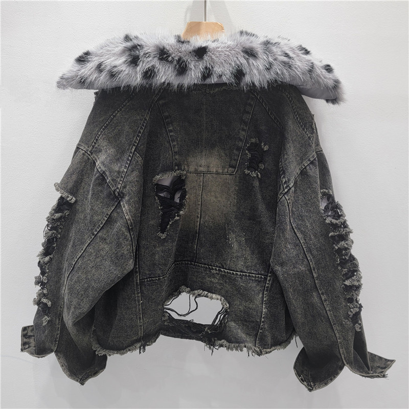 Jeans estampado de leopardo abrigo de algodón de cuello de piel mujer agujero suelto empalme chaqueta corta de algodón grueso calentamiento