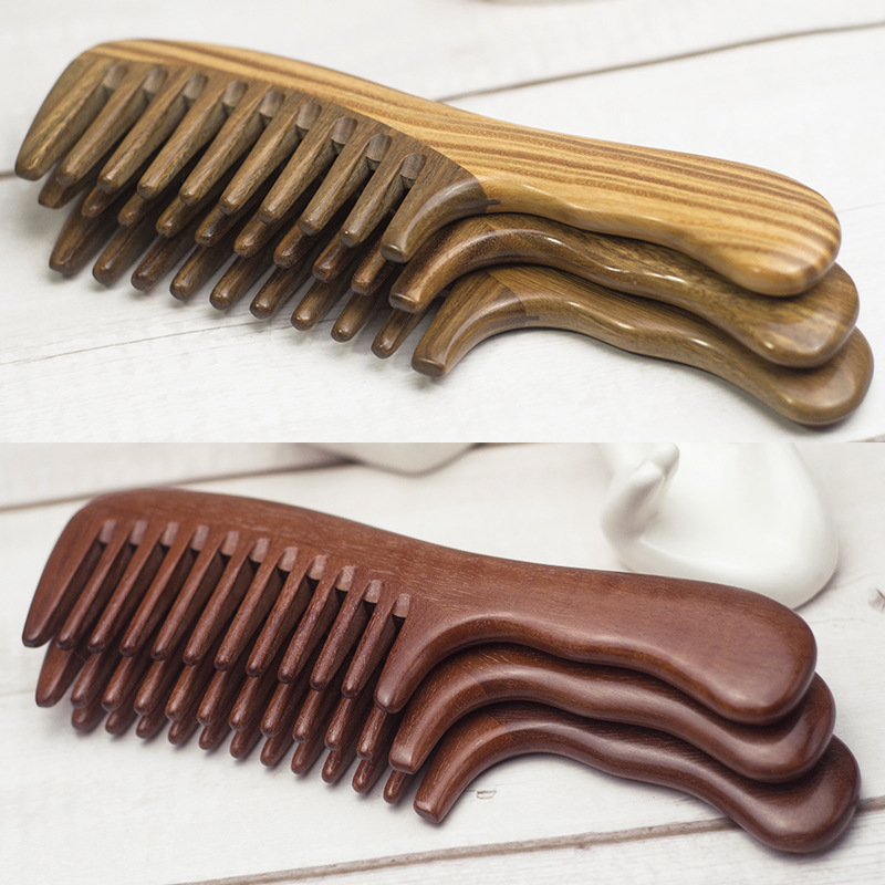 巻き毛用コーム、マッサージコーム、家庭用日用品、幅広歯コーム、女性用ロングヘア用、緑檀材ハンドル、卸売、育毛|undefined