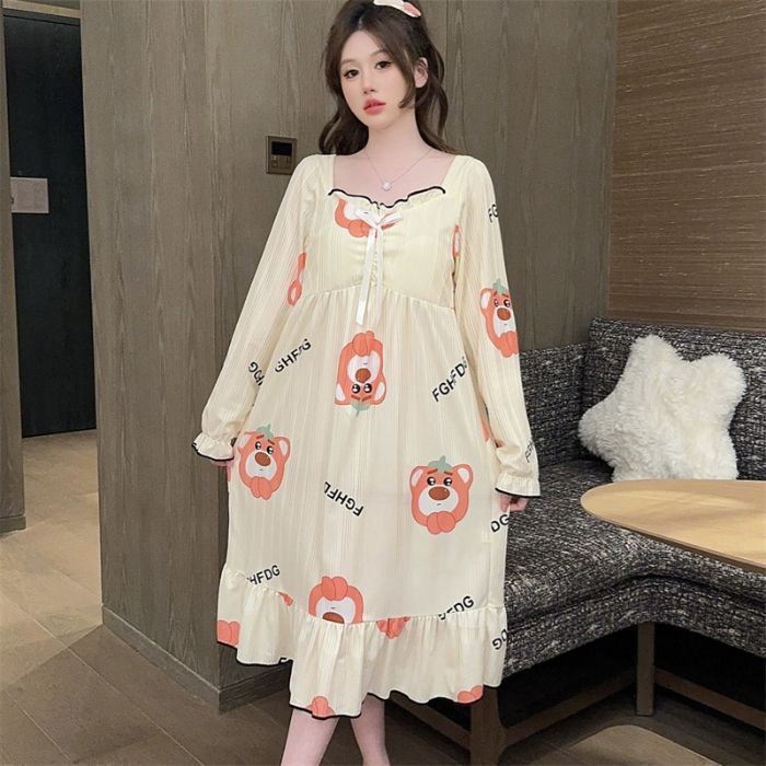 Venta al por mayor transfronteriza otoño nuevo estilo con almohadilla para el pecho imitación algodón camisón de manga larga pijama de estilo princesa de dibujos animados dulce servicio a domicilio femenino