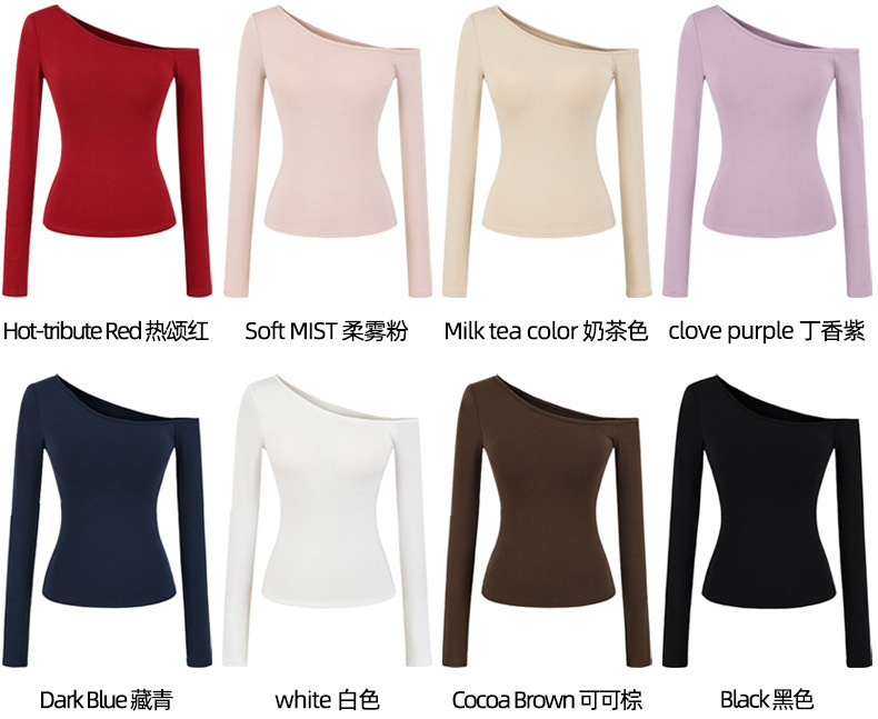 Pure Desire One-Piece Slanted Shoulder Long Sleeve T-Shirt with Breast Pad for Women 2025 Autumn Sexy Hot Girl Bottoming Shirt Off-Shoulder Top