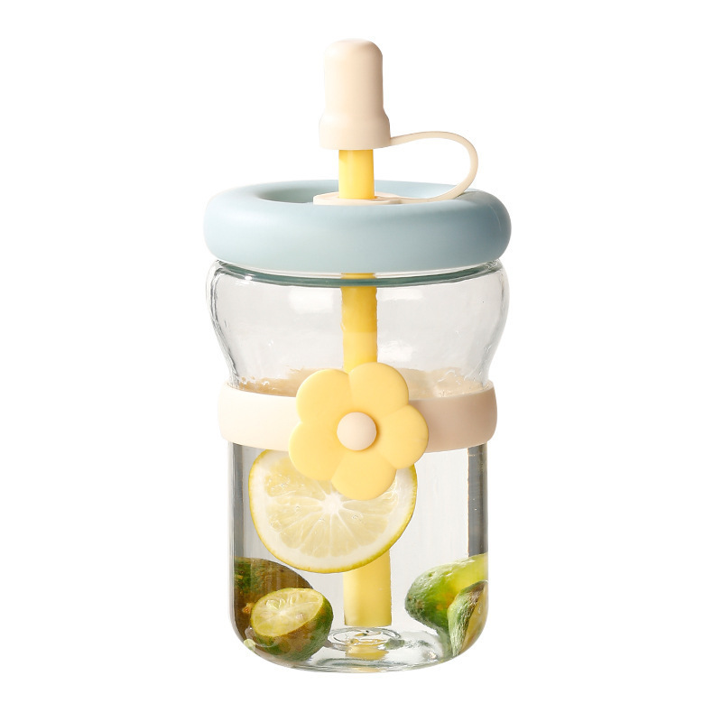 Flower Glass Cup, High-End Household Water Cup with Straw, Tea and Water Separation Cup, Gift Cup, Flower Tea Cup