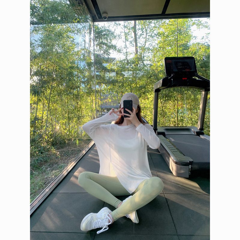 Ice Silk Sunscreen Clothing Women's Outfit Summer Loose Sports Long-Sleeved Split Thin Breathable Yoga Shirt Blouse Trendy Ice Silk Sunscreen Clothing Women's Outfit Summer Loose Sports Long-Sleeved Split Thin Breathable Yoga Shirt Blouse Trendy