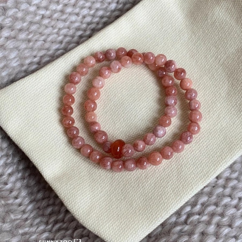 SUNNYZOO | Powder Heart Natural Sun Stone Stacked Bracelet Autumn and Winter Christmas Peach Blossom New Chinese Bracelet
