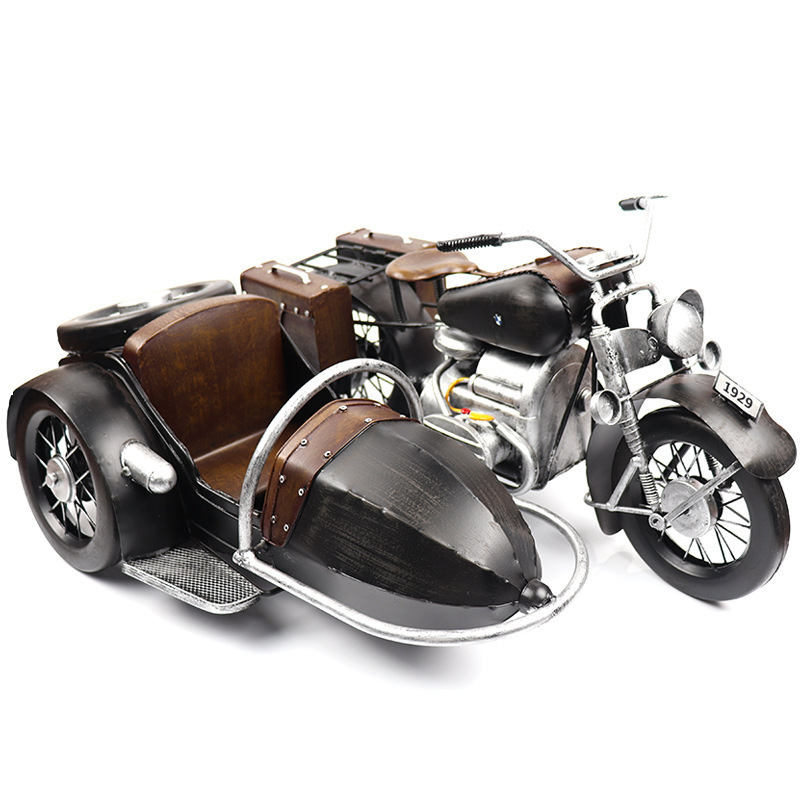 美式大号挎斗摩托车模型铁艺偏三轮收藏礼物装饰工艺品侉子车摆件