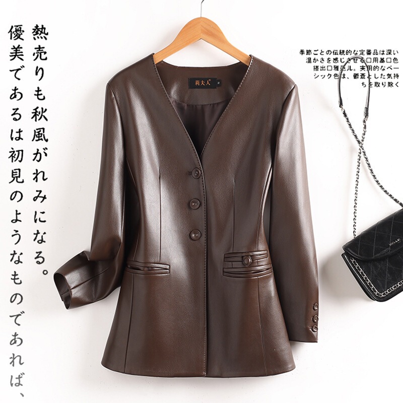 2026 Spring and Autumn New Haining Short Leather Jacket for Women, V-Neck Slim Fit Biker Large Size Leather Coat 2026 Spring and Autumn New Haining Short Leather Jacket for Women, V-Neck Slim Fit Biker Large Size Leather Coat
