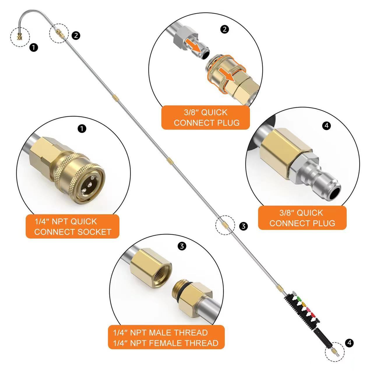 Amazon's New High-Pressure Car Washing Machine Water Gun Extension Rod Curved Rod Set Five-Color Gun Nozzle Stainless Steel Spray Rod Accessories
