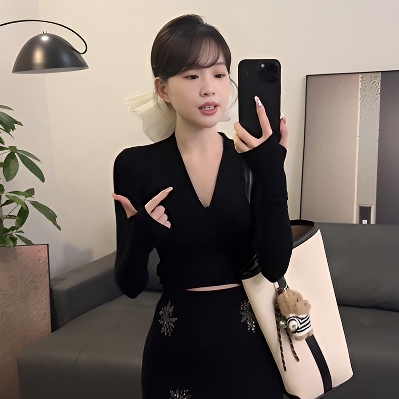 官图 春秋韩系紧身V领长袖打底上衣+高腰印花百搭半裙时尚两件套|undefined