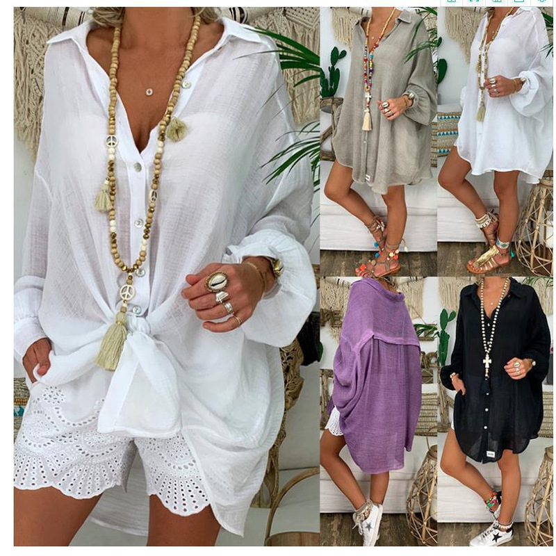Cross-border Foreign Trade 2022 European and American Cotton and Linen Shirt plus size Women's Button Loose Long Sleeve Casual Shirt Women's Top Cross-border Foreign Trade 2022 European and American Cotton and Linen Shirt plus size Women's Button Loose Long Sleeve Casual Shirt Women's Top