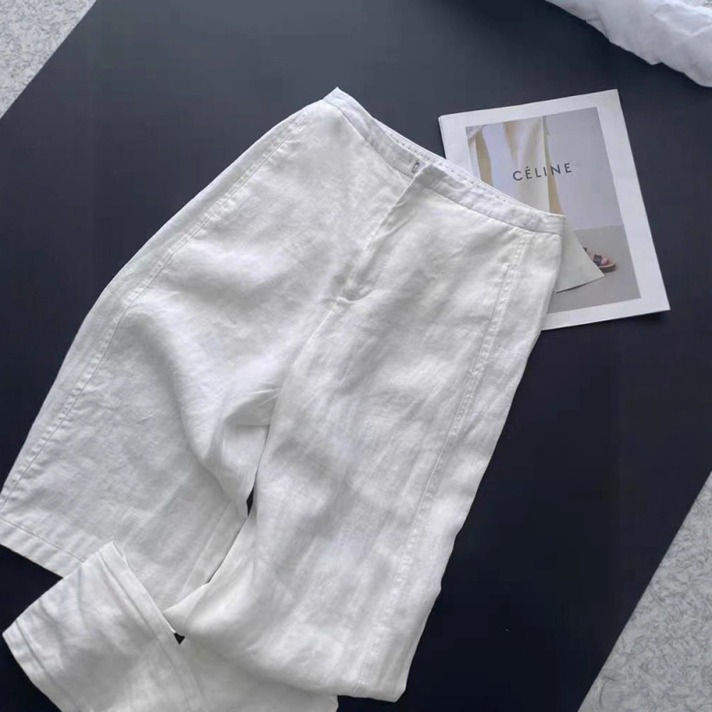 Old Money Style Outfit~White High-Waisted Elegant Simple Drapey Workwear Cotton-Linen Straight Wide-Leg Pants for Women, Summer 2026