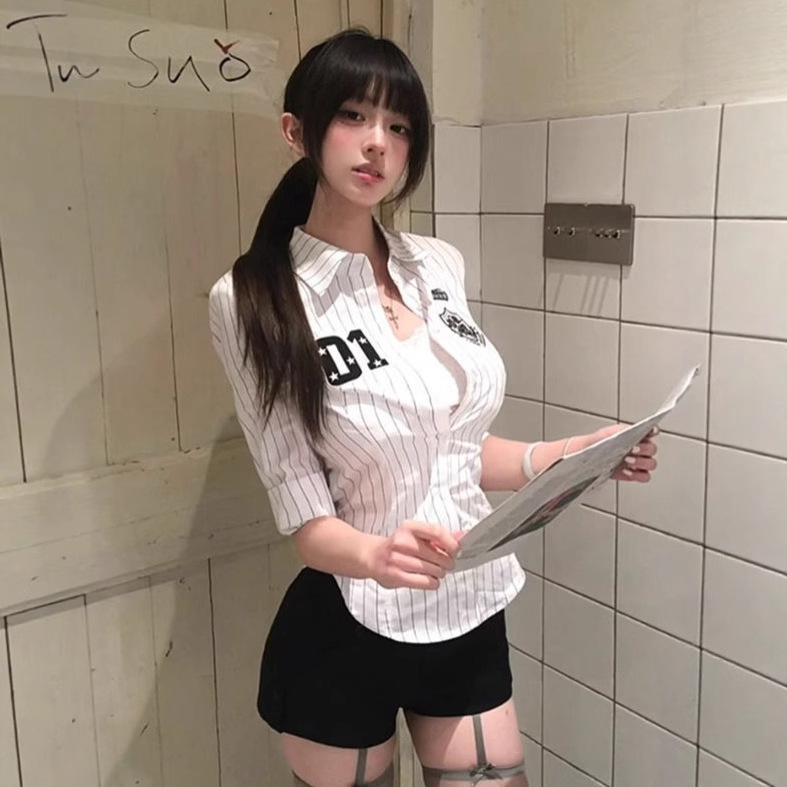 American Retro Black and White Striped Long-Sleeve Short Shirt for Women, Summer High-End Waist-Cinching Slim-Fit Base Top