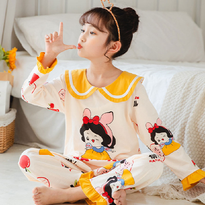 15 años de edad nueva primavera y otoño de los niños pijamas de manga larga de las mujeres lindo princesa muñeca collar de las mujeres mayores de algodón peinado desgaste del hogar de los niños