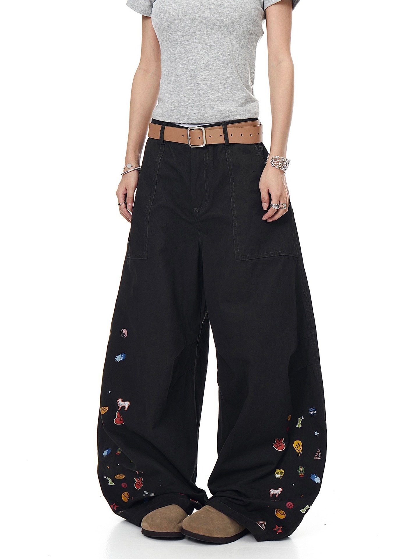 American Retro Style Fun Expression Print Wide-Leg Pants, Women's Workwear Pants with Vintage Design, Loose and Fashionable Long Pants