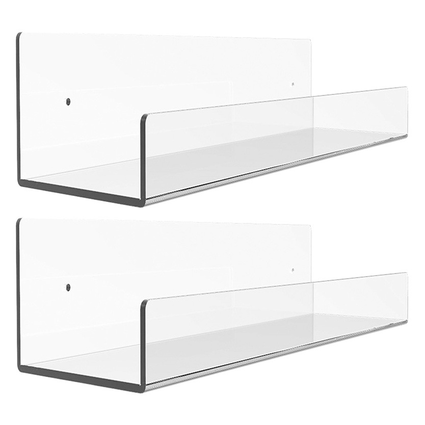 Estante de pared transparente en forma de U con borde inclinado y separador para almacenamiento y exhibición de condimentos en el baño. image 1