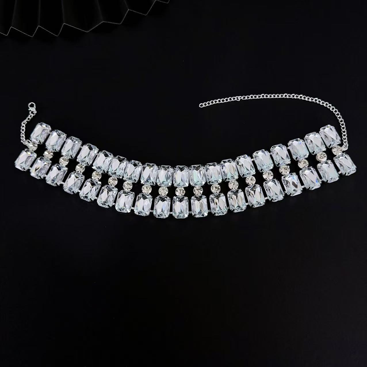Exaggerated Multi-row Full-diamond Square Choker Necklace_voghion.com