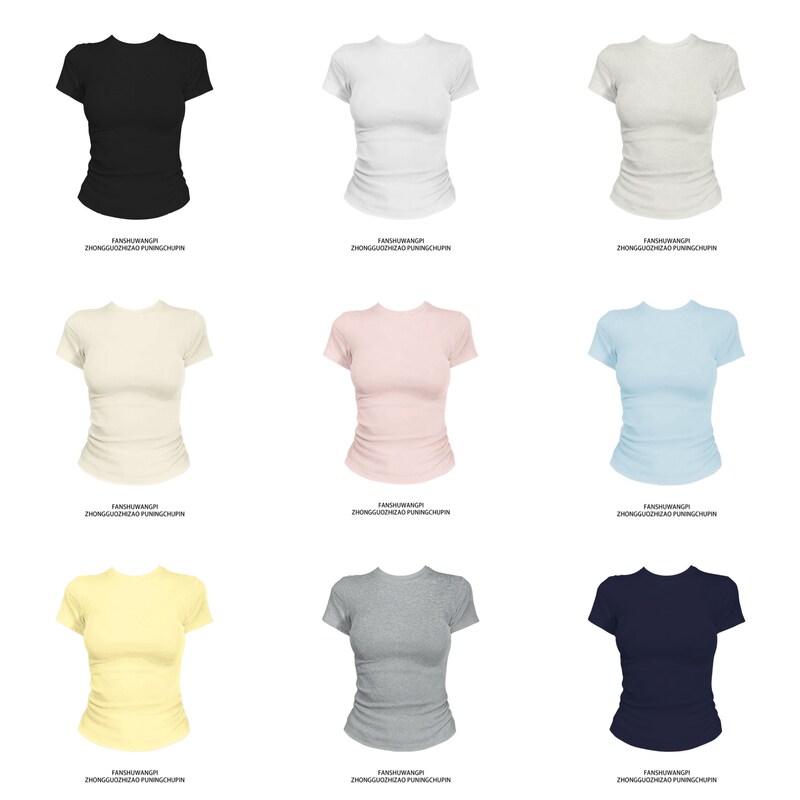Round neck, regular shoulder, slim fit, summer, 92% cotton 8% spandex, waist-cinching, short-sleeved T-shirt, solid color, women's, plain, summer, high-end feel