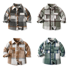 跨境童装春秋格子外套休闲中小童长袖磨毛翻领衬衫新儿童外套kids