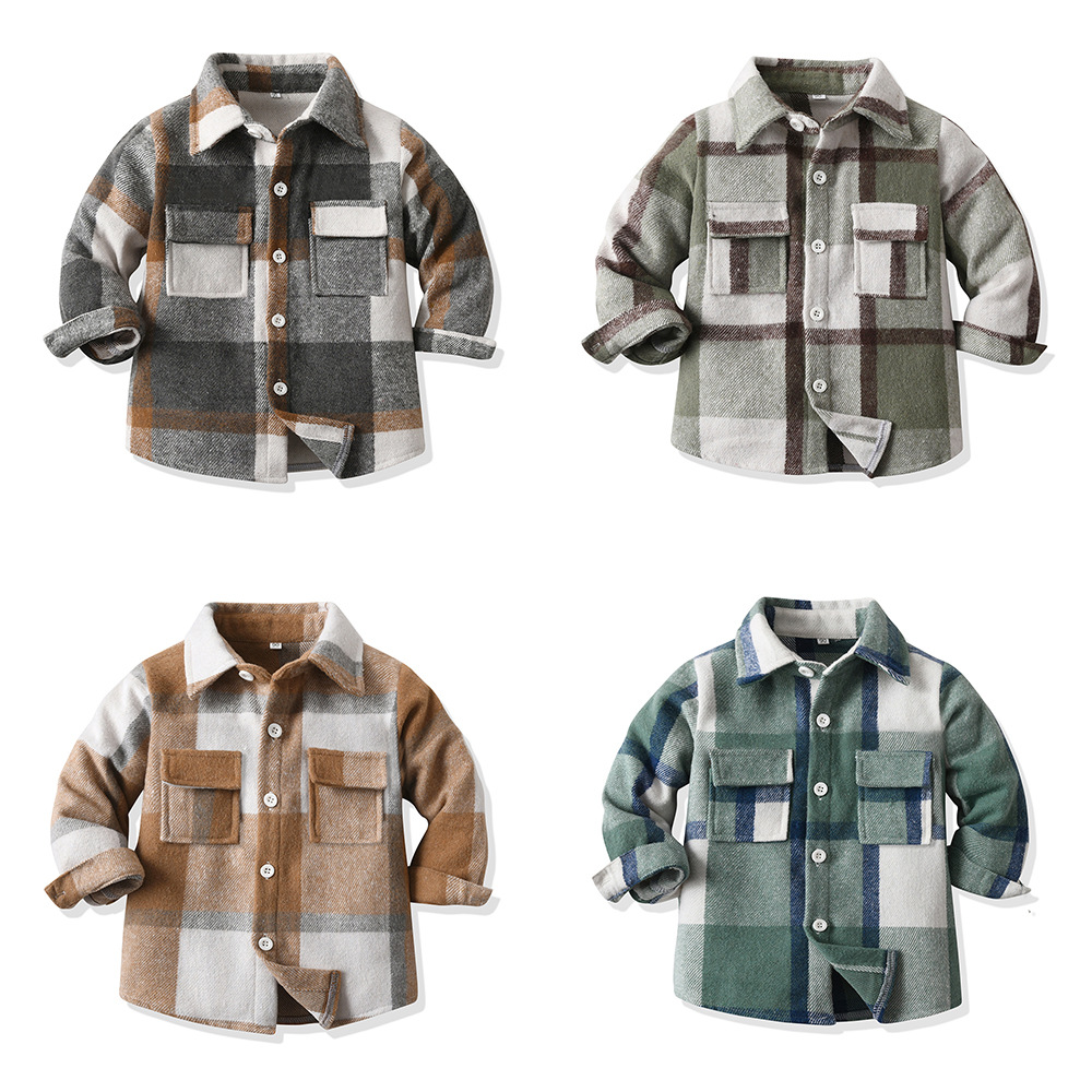 Trajes infantiles transfronterizos primavera y otoño chaqueta a cuadros casuales para niños de manga larga camisa de collar de molienda nueva chaqueta infantil