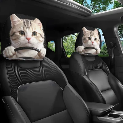 Car seat headrest cover with cute cat theme, personalized print, universal for car interiors, can be customized with labels and made according to provided images (Other Automotive Interior Supplies)