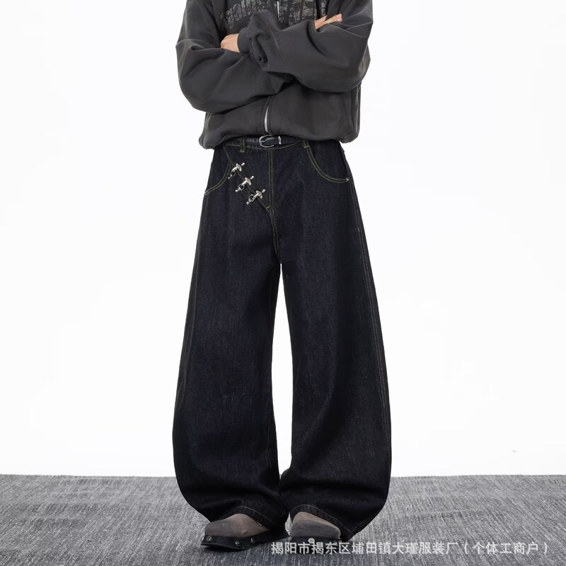 Niche High-End Style Airplane Buckle Flap Hem Curved Hem Jeans for Women, New Retro Floor-Length Hip-Hop Pants for Men, Spring and Autumn Season