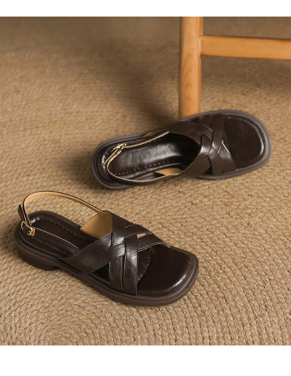 Dép sandal nữ quai chữ V đế bệt hở mũi, phong cách đi biển mùa hè — màu nâu chi tiết 23