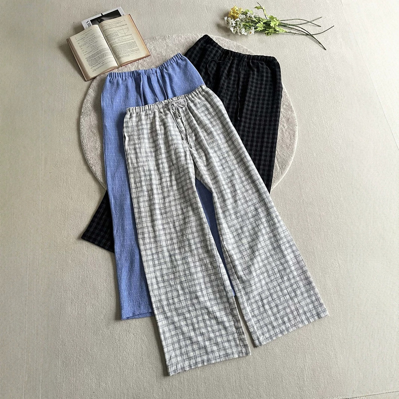 Salt-Shrunk Bubble Gauze Plaid Quick-Dry Pants for Men and Women, Summer Relaxed Wide-Leg Casual Pants with Drape Effect, Straight-Leg Walking Pants