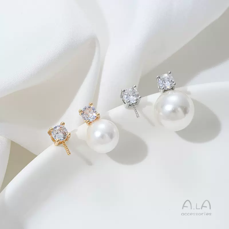 14K包金保色单颗锆石带半孔珠针耳钉珠托耳针手工diy耳饰配件材料