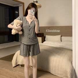 小波点V领开衫睡衣女针织短袖短裤蝴蝶结系带宽松休闲居家两件套