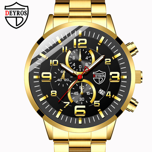 DEYROS gold watch large dial men's watch Middle Eastern luminous calendar steel band men's watch